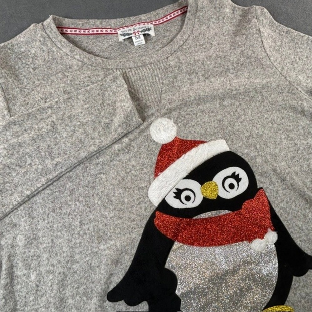 Thyme & Honey Gray Christmas Holiday Santa Penguin Sweater Lightweight MD
